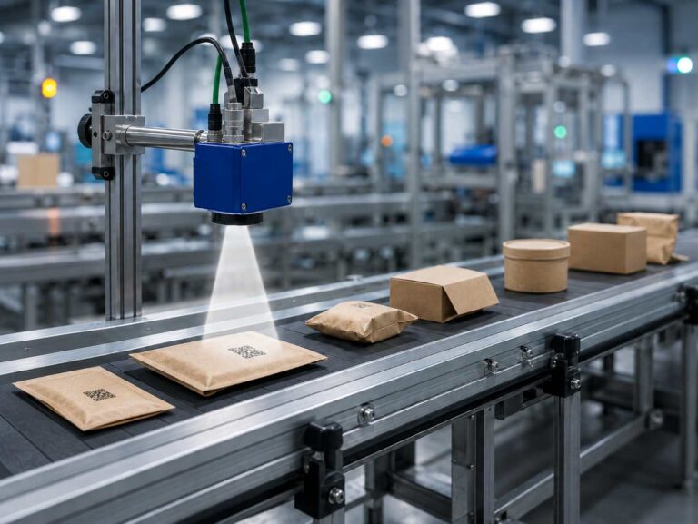 Visioncamera controleert DataMatrix-code op bruine verpakkingen op een geautomatiseerde transportband.