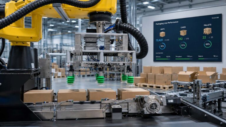 Geautomatiseerde verpakkingslijn met robotgrijper, kartonnen dozen en dashboard voor unit-to-pallet traceability.